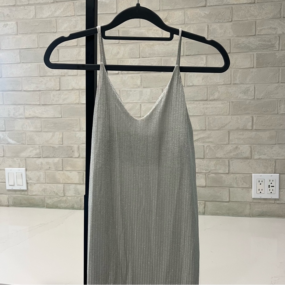 Farm Rio Silver Glittery Shiney Midi Dress Gray